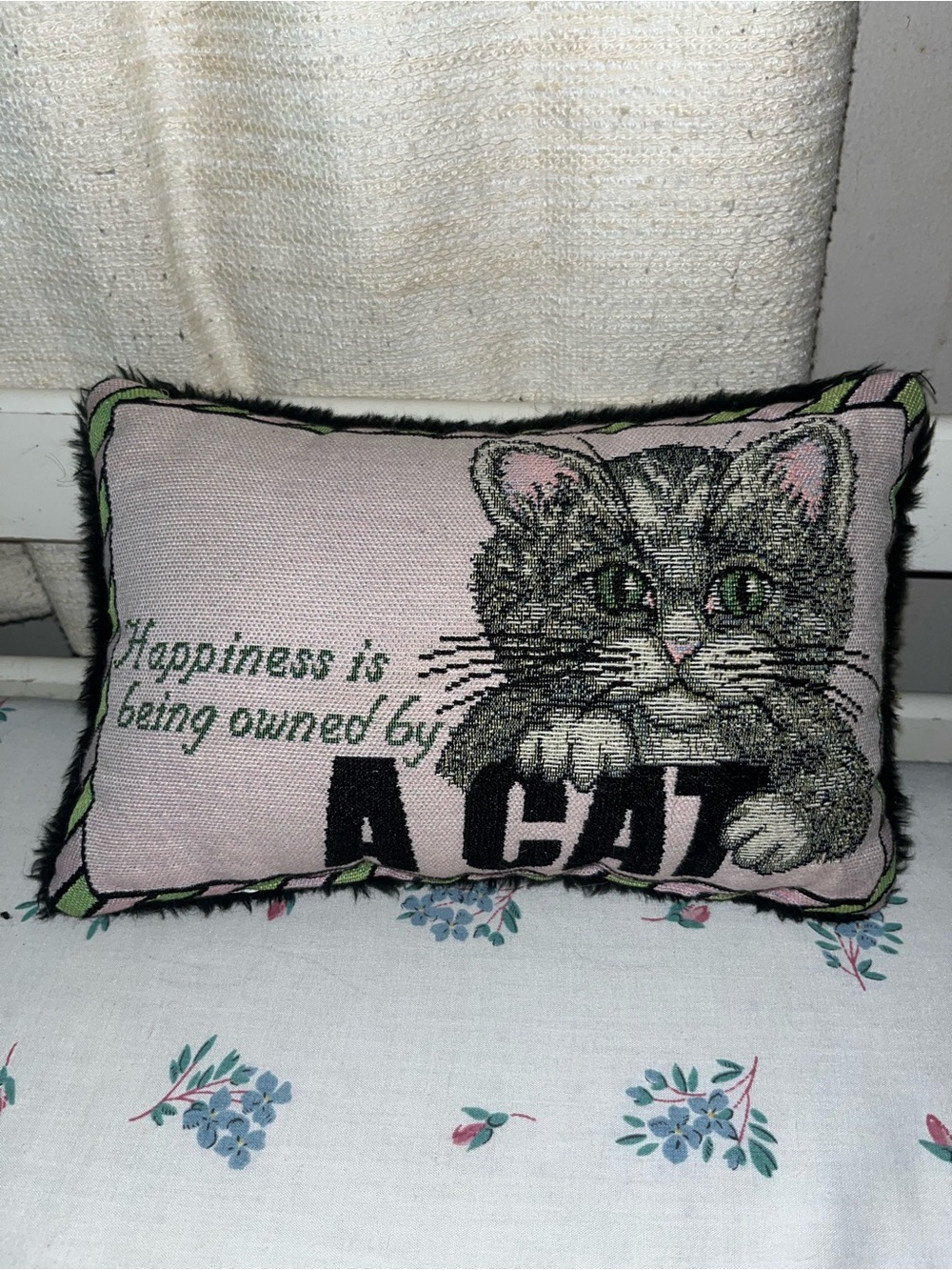 Decorative Pink Cat Throw Pillow - 'Happiness is Being Owned by a Cat'